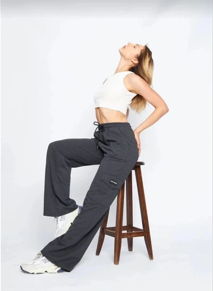 Kargo Cepli Palazzo Oversize Kesim İki Iplik Bol Paça Eşofman Altı Pantalon - Antrasit ürün görseli 1
