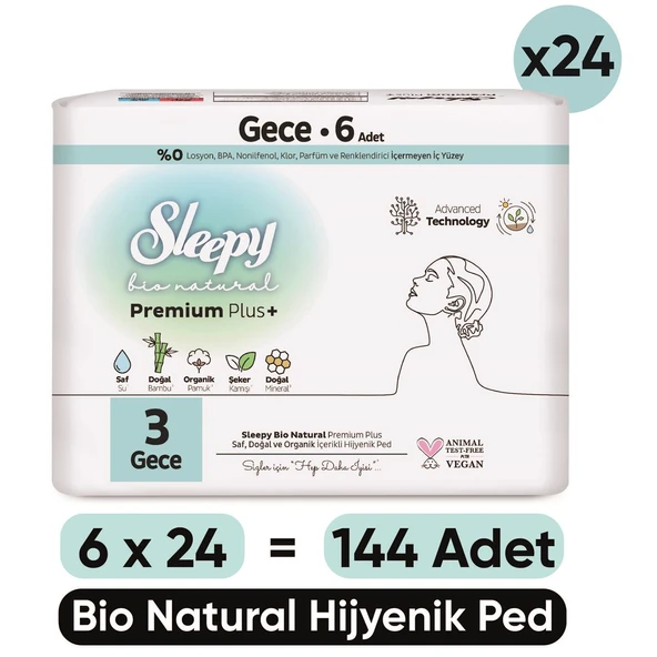 Sleepy Bio Natural Premium Plus Hijyenik Ped Gece 6x24 Ped (144 Adet) ürün görseli 1