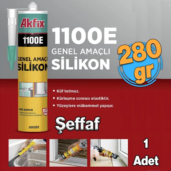 Akfix 1100E ŞEFFAF Genel Amaçlı Silikon Yapıştırma Sızıntı Önleyici Dolgu Silikonu 280 gr 1 Adet ürün görseli 1