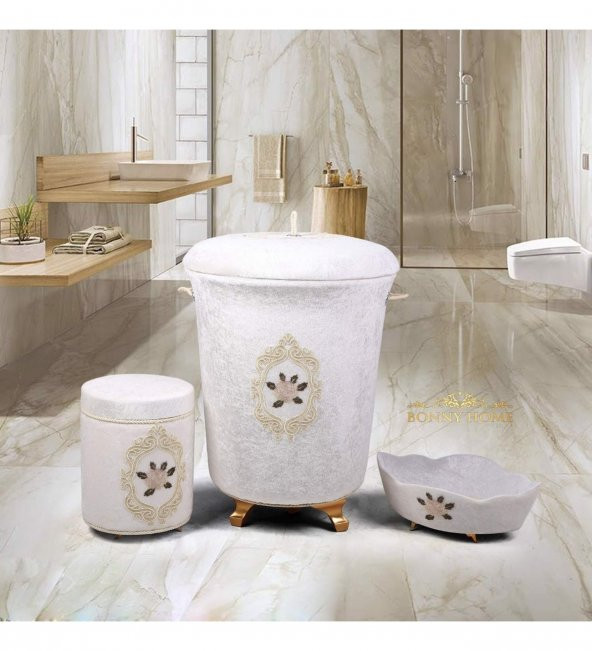 Bonny Home Shems Krem 3lü Kadife Çeyizlik Dantelli Banyo Kirli Çamaşır Sepeti Seti ürün görseli 1