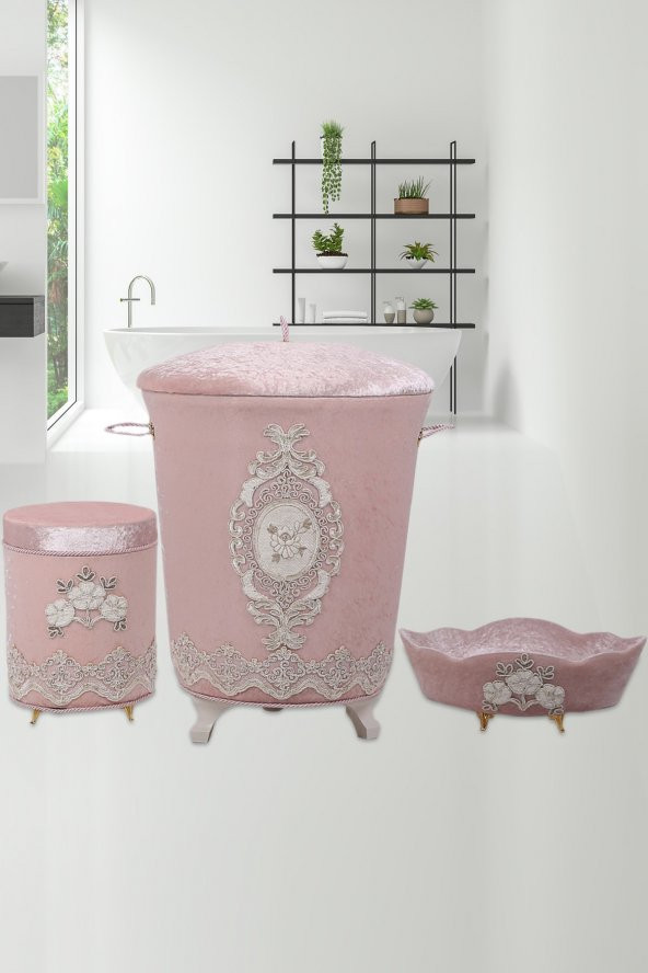 Bonny Home Lisa Pudra 3lü Kadife Banyo Kirli Çamaşır Sepeti Seti ürün görseli 1