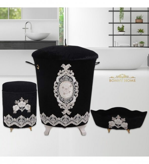 Bonny Home Lisa Siyah 3lü Kadife Banyo Kirli Çamaşır Sepeti Seti ürün görseli 1