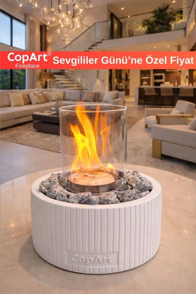 CopArt Alba Beyaz Biyoetanol Masaüstü Beton Şömine - 1 Lt Yakıt Ve Dekoratif Taş Hediye ürün görseli 1
