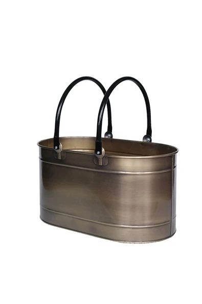 WOODSHUT Metal Gold Uzun Oval Kulplu Tasarım Şömine-  Soba Odun Depolama Saklama Kovası ürün görseli 1