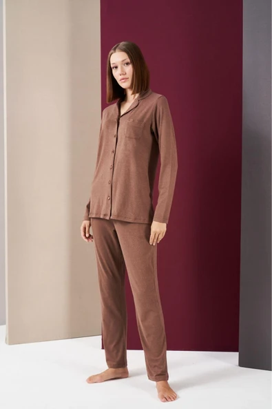 Pjs 26032 Kadın Boydan Düğmeli Patlı Uzun Kol Pijama Takım ürün görseli 1