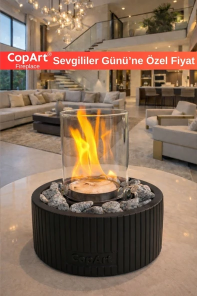 CopArt Alba Siyah Biyoetanol Masaüstü Beton Şömine - 1 Lt Yakıt Ve Dekoratif Taş Hediye ürün görseli 1