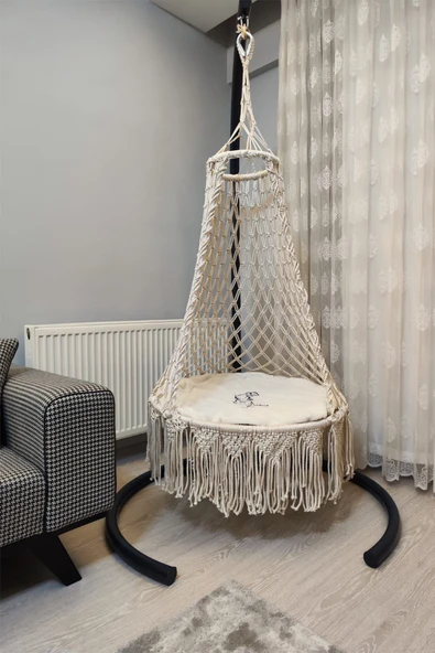 WOODSHUT Tek Kişilik Makrome El Örgüsü Salıncak MİS38007 KREM ürün görseli 1