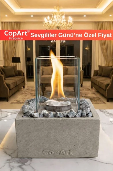 CopArt Quadrata Biyoetanol Masaüstü Beton Şömine - 1 Lt Yakıt Ve Dekoratif Taş Hediye ürün görseli 1