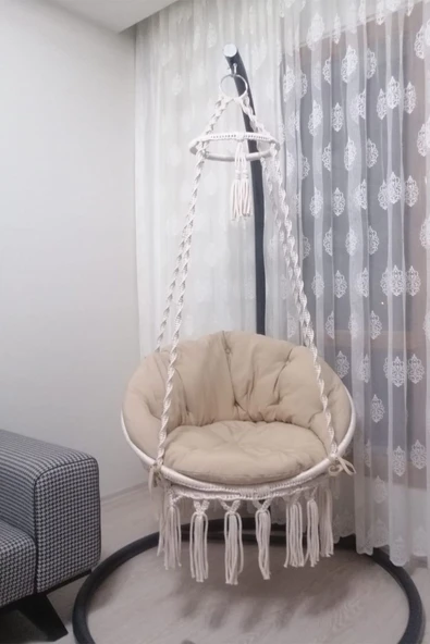 WOODSHUT Tek Kişilik Makrome El Örgüsü Salıncak Krem MİS38003 ürün görseli 1