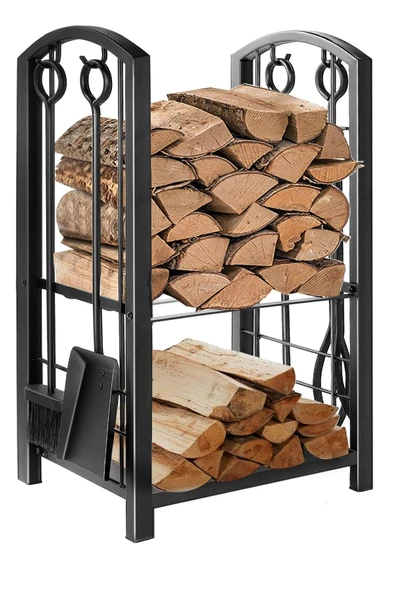 WOODSHUT 5 Li İthal Metal Oval Odunluk Raflı Şömine - Soba Maşa Takımı Aksesuar Seti ürün görseli 1