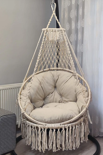 WOODSHUT Tek Kişilik Makrome Salıncak Minderli + Askı demiri ile (KREM) - Mis38106MA - 80x90 ürün görseli 1