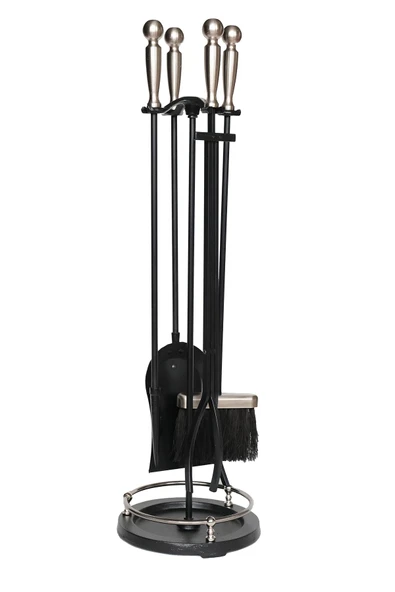 WOODSHUT 5 Li Premium İthal Döküm Gümüş Başlıklı Yuvarlak Şömine - Soba Maşa Takımı Aksesuar Seti ürün görseli 1
