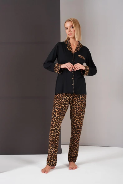 Pjs 26006 Kadın Patlı Boydan Düğmeli Leopar Desenli Uzun Kollu Pijama Takım ürün görseli 1