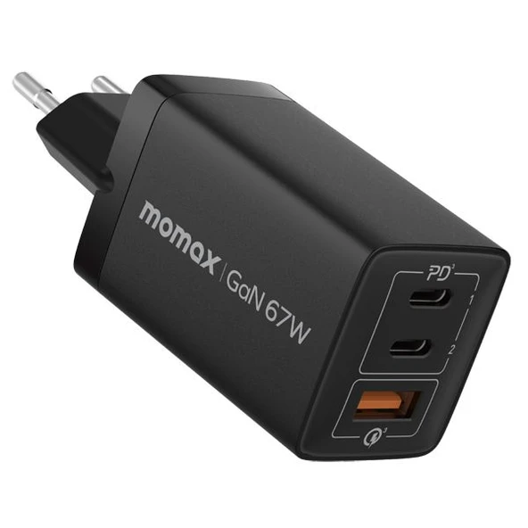 Momax OnePlug 67W 3-Portlu Gan Duvar Şarj Cihazı Adaptör Siyah ürün görseli 1