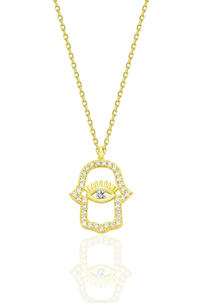 Gümüş altın yaldızlı zirkon taşlı koruyucu hamsa el kolye SGTL12670GOLD ürün görseli 1