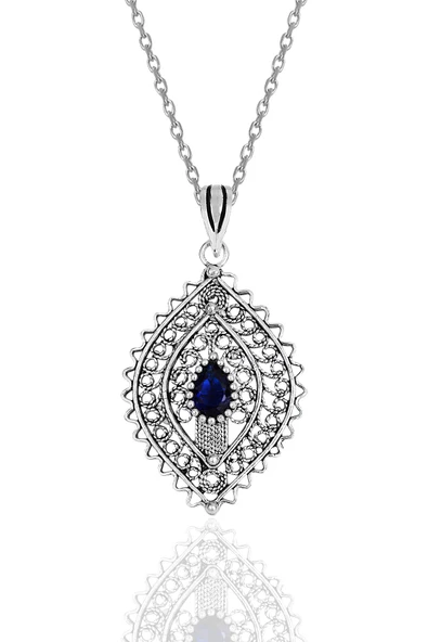 Gümüş safir taşlı oksitli telkari işlemeli kolye SGTL11890LACIVERT ürün görseli 1