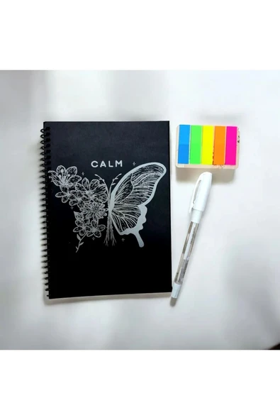 Siyah Yapraklı Defter Spiralli 14x20 Ve Beyaz Kaliteli Jel Kalem ve postit hediyelidir ürün görseli 1