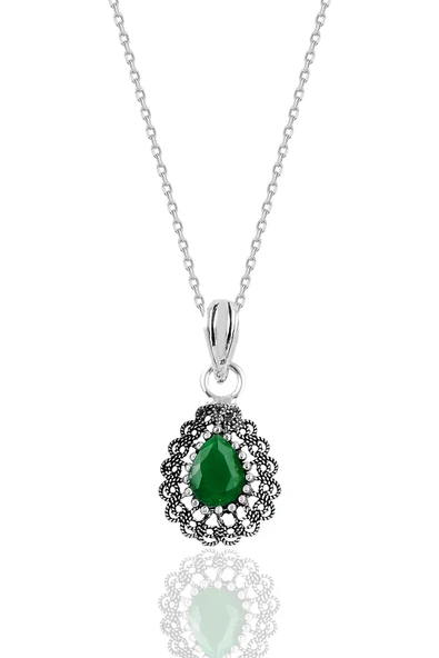 Gümüş kök zümrüt taşlı oksitli telkari işlemeli damla kolye  SGTL12732YESIL ürün görseli 1