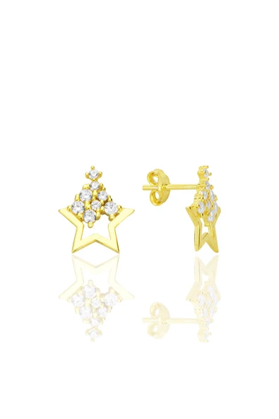 Gümüş altın yaldızlı zirkon taşlı ışıltılı yıldız küpe SGTL12712GOLD ürün görseli 1