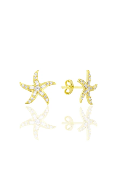 Gümüş altın yaldızlı baget kesim zirkon taşlı deniz yıldızı küpe SGTL12711GOLD ürün görseli 1