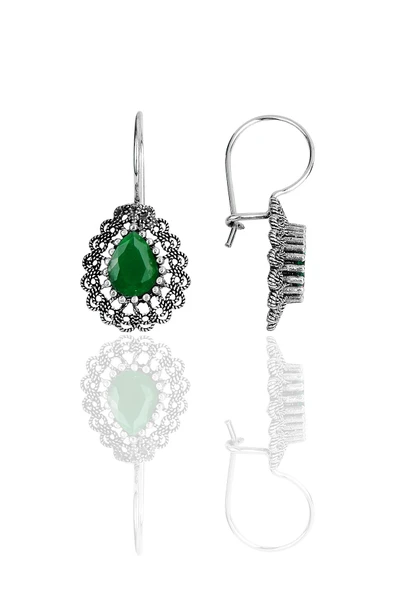 Gümüş kök zümrüt taşlı oksitli telkari işlemeli damla küpe SGTL12733YESIL ürün görseli 1