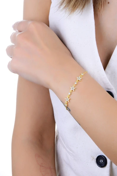 Gümüş altın yaldızlı zirkon taşlı lotus çiçeği bileklik SGTL12718GOLD ürün görseli 1
