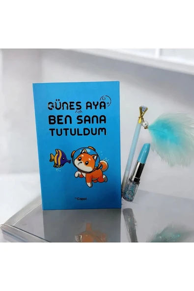 MAVİ yazılı sözlü sert kapak Hatıra Defteri Günlük Anı defteri taşlı tüylü kalem ve ruj kalem ürün görseli 1