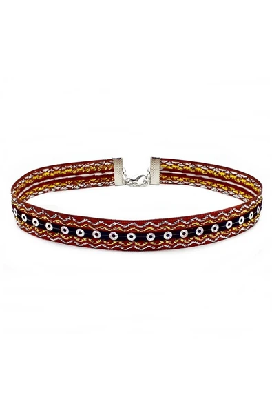 Sarı-beyaz Simli Kahverengi Kadın Choker Tasma Kolye ürün görseli 1