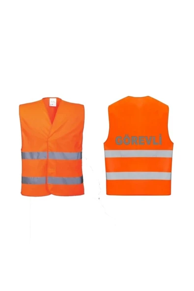 Görevli Yazılı Turuncu Renk Reflektörlü Ikaz Yeleği X 3 Adet ürün görseli 1
