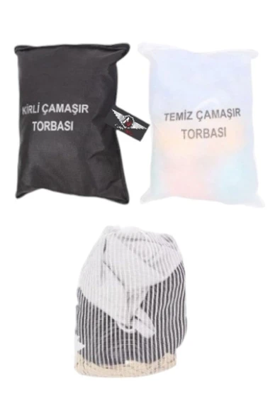 3 Lü Set Kirli Temiz Çamaşır Torbası Ve Çamaşır Filesi - Asker Malzemesi ürün görseli 1