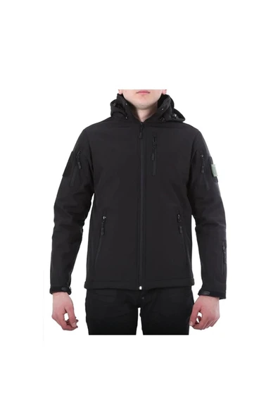 Softshell Yağmur Geçirmez Mont Kapüşonlu Siyah Renk ürün görseli 1