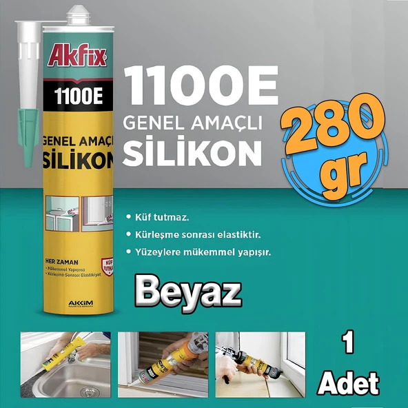 Akfix 1100E Beyaz Genel Amaçlı Silikon Yapıştırma Sızıntı Önleyici Dolgu Silikonu 280 gr 1 Adet ürün görseli 1