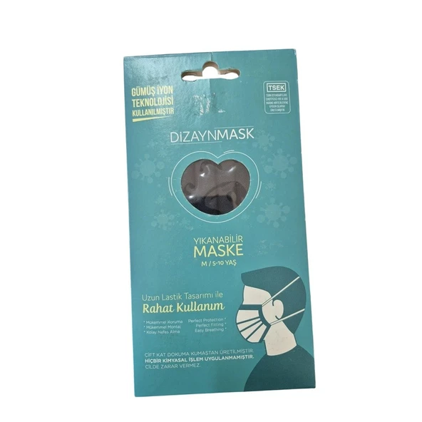 Dizaynmask Gümüş İyonlu Bez Maske Siyah Çocuk M 5-10 Yaş ürün görseli 1