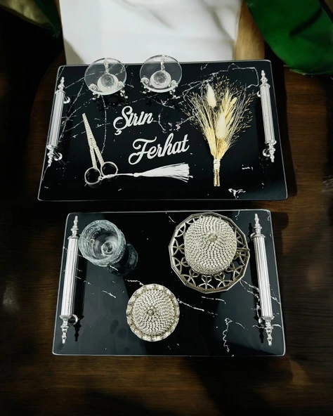 Vow Siyah Desenli Söz Tepsisi ve Damat Kahve Fincanı  Siyah ürün görseli 1