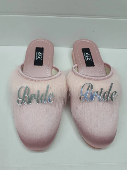 Bride Gelin Topuksuz Kaz Tüyü Terlik Pudra-Gümüş Yazılı ürün görseli 1