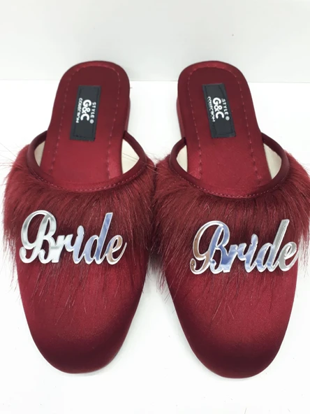 Bride Gelin Topuksuz Kaz Tüyü Terlik Bordo-Gümüş Yazılı ürün görseli 1