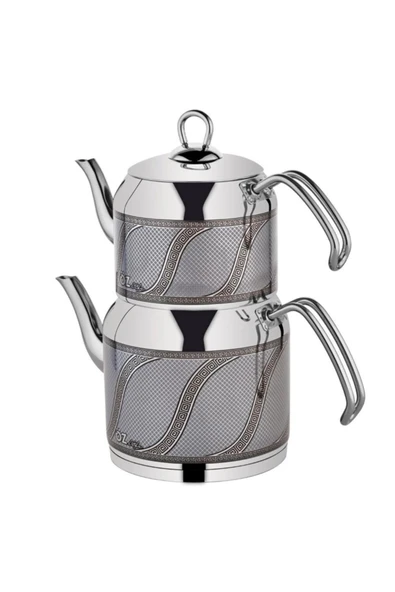 Özlife Enza Inox & Gri S Desen Orta Boy Çaydanlık Takımı 156g ürün görseli 1