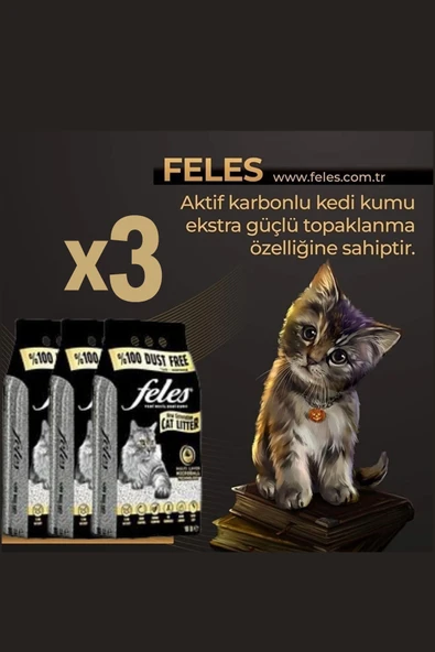 FELES TOZSUZ KEDİ KUMU 10LT X 3 ADET (DOĞAL AKTİF KARBONLU) ürün görseli 1