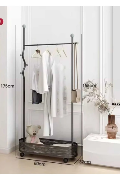 Metal Siyah Konfeksiyon Askısı Metal Elbise Askılığı Oval Sepetli askılık Tekerlekli  1077-CN ürün görseli 1