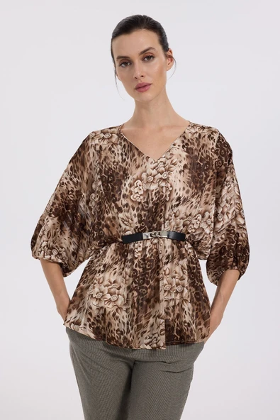 Ekol Oversize V Yaka Desenli Şifon Bluz - 3/4 Kol ürün görseli 1