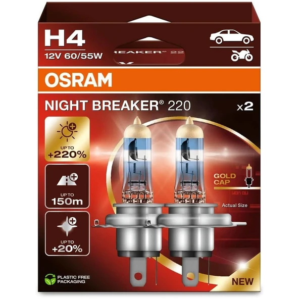 Osram H4 Night Breaker 220 12V %220 Fazla Işık (1 Takım-2 Ad.) Oto Ampul Seti ürün görseli 1
