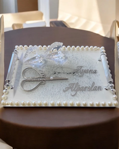 Raya Gümüş İncili Söz Nişan Tepsisi  krem ürün görseli 1