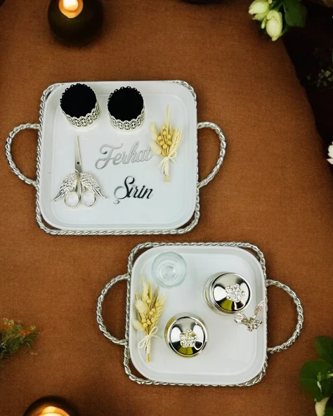 Spark Gümüş Söz Tepsisi ve Damat Kahve Fincanı  Beyaz ürün görseli 1