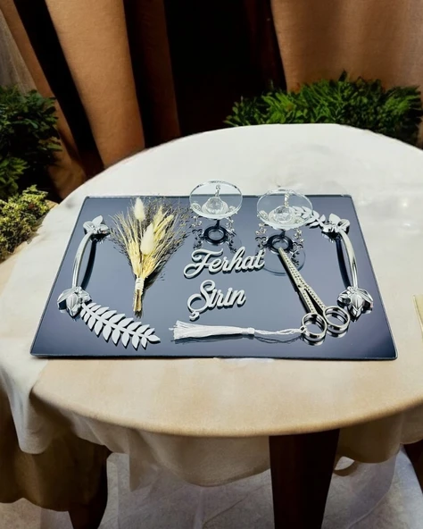 Elegance Gümüş Yapraklı Söz Nişan Tepsisi  GRİ ürün görseli 1