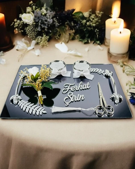 Elegance Gümüş Yapraklı Söz Nişan Tepsisi  Siyah ürün görseli 1