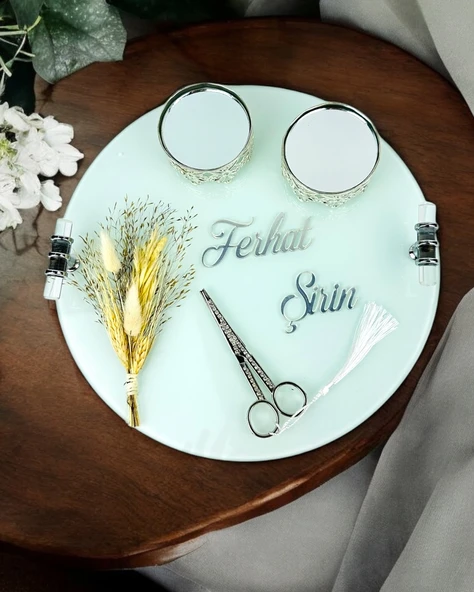 Cherish Gümüş Beyaz Söz Nişan Tepsisi  krem ürün görseli 1