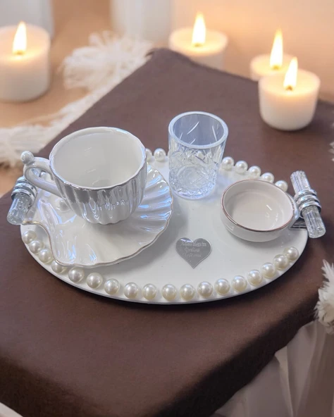 Luna İncili Gümüş Damat Kahve Tepsisi  GRİ ürün görseli 1