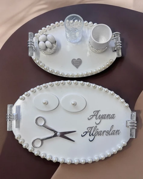 Lustre İncili Söz Nişan Tepsisi  Beyaz ürün görseli 1
