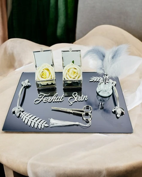 Elegance Gümüş Yapraklı Söz Nişan Tepsisi  krem ürün görseli 1