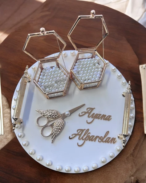 Ansel Gold İncili Söz Nişan Tepsisi  Beyaz ürün görseli 1